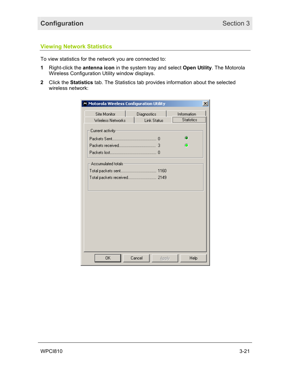 Viewing network statistics | Motorola WPCI810G User Manual | Page 36 / 56