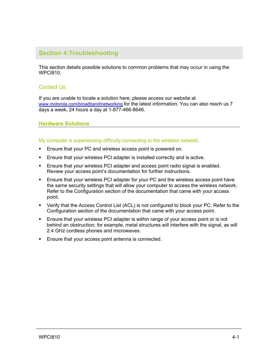 Section 4: troubleshooting, Contact us, Hardware solutions | Motorola WPCI810G User Manual | Page 41 / 56