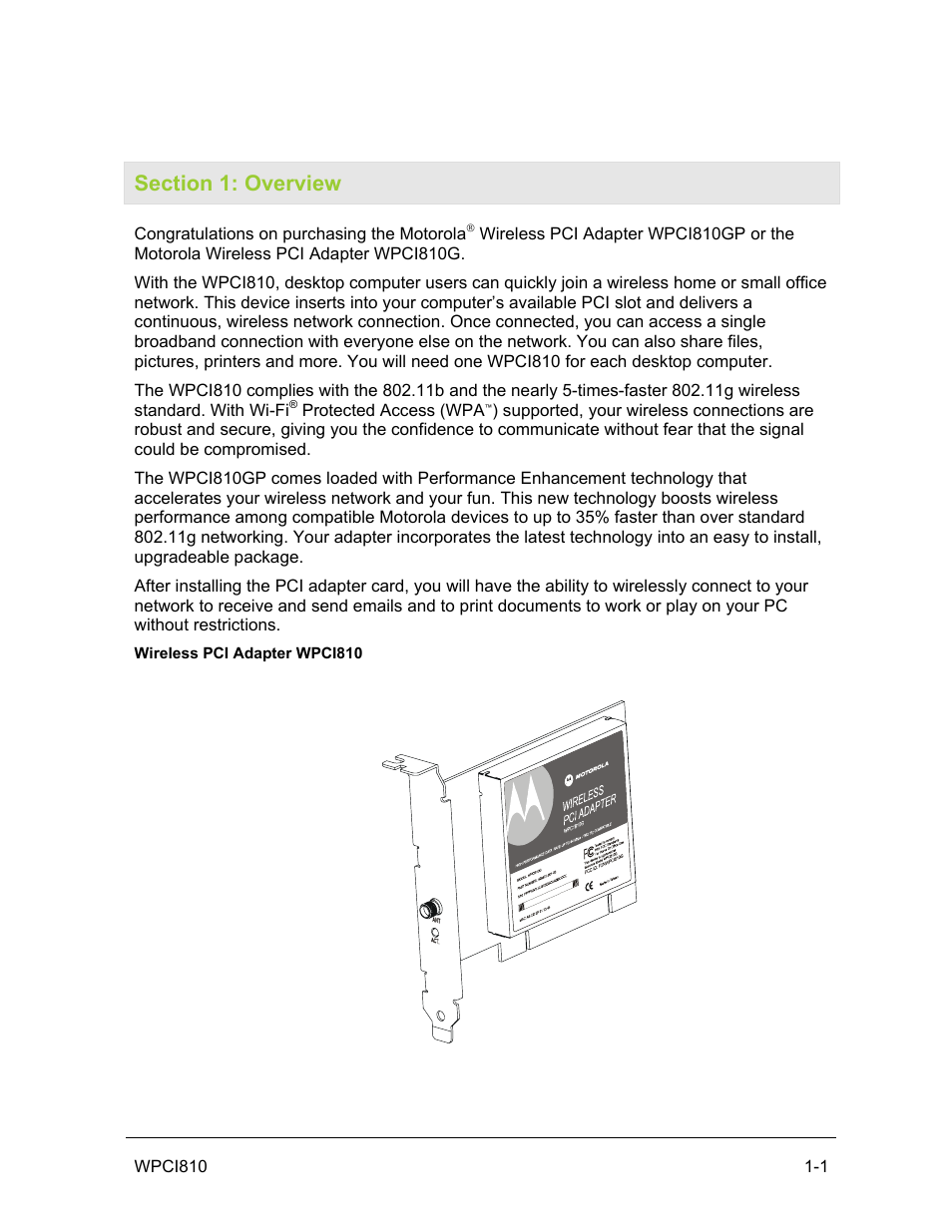 Section 1: overview | Motorola WPCI810G User Manual | Page 6 / 56