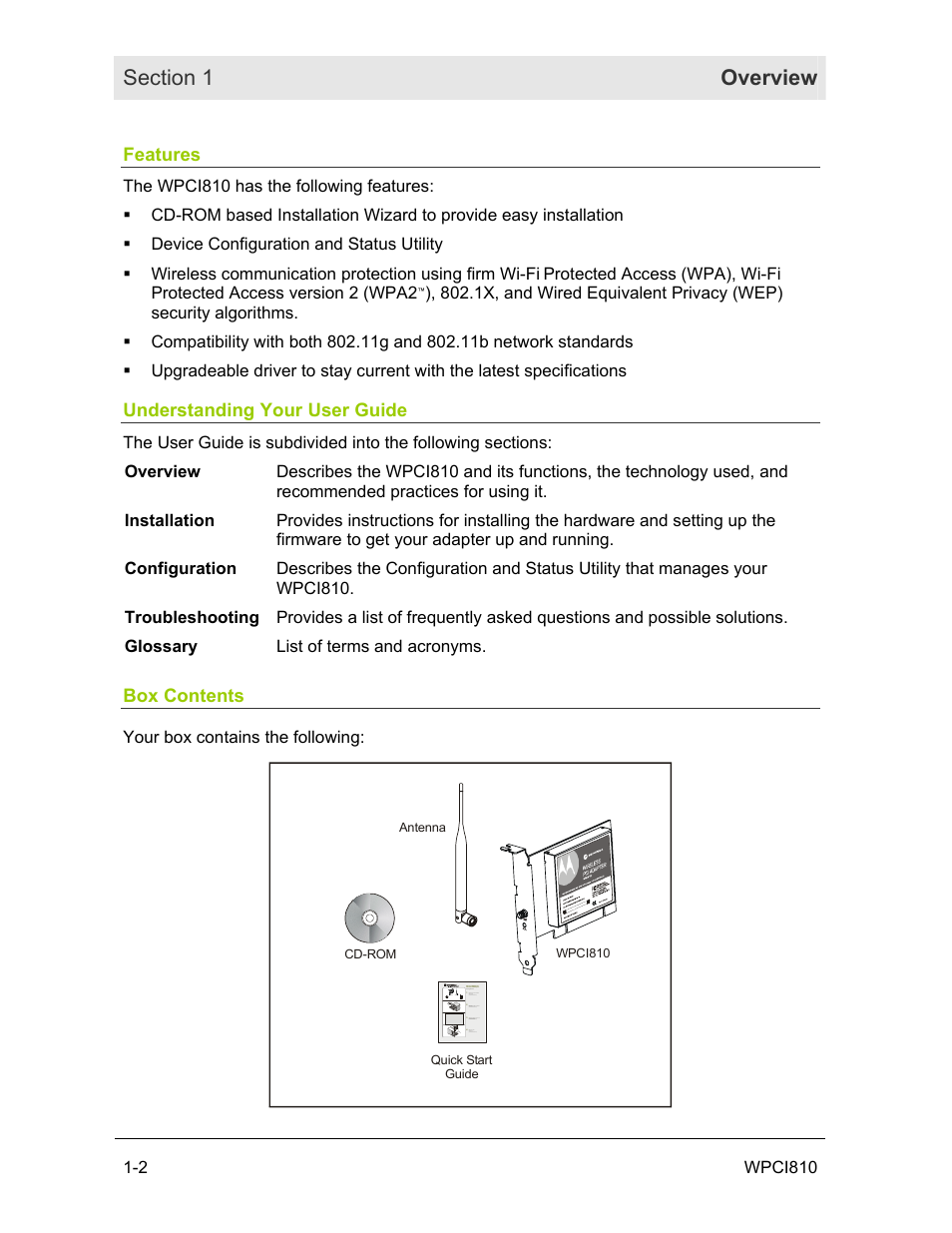 Features, Understanding your user guide, Box contents | Motorola WPCI810G User Manual | Page 7 / 56