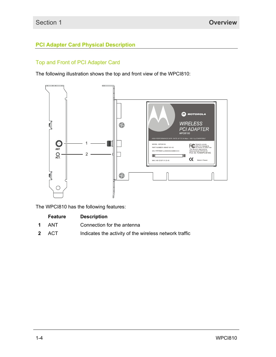 Pci adapter card physical description, Top and front of pci adapter card, 4 wpci810 | Motorola WPCI810G User Manual | Page 9 / 56