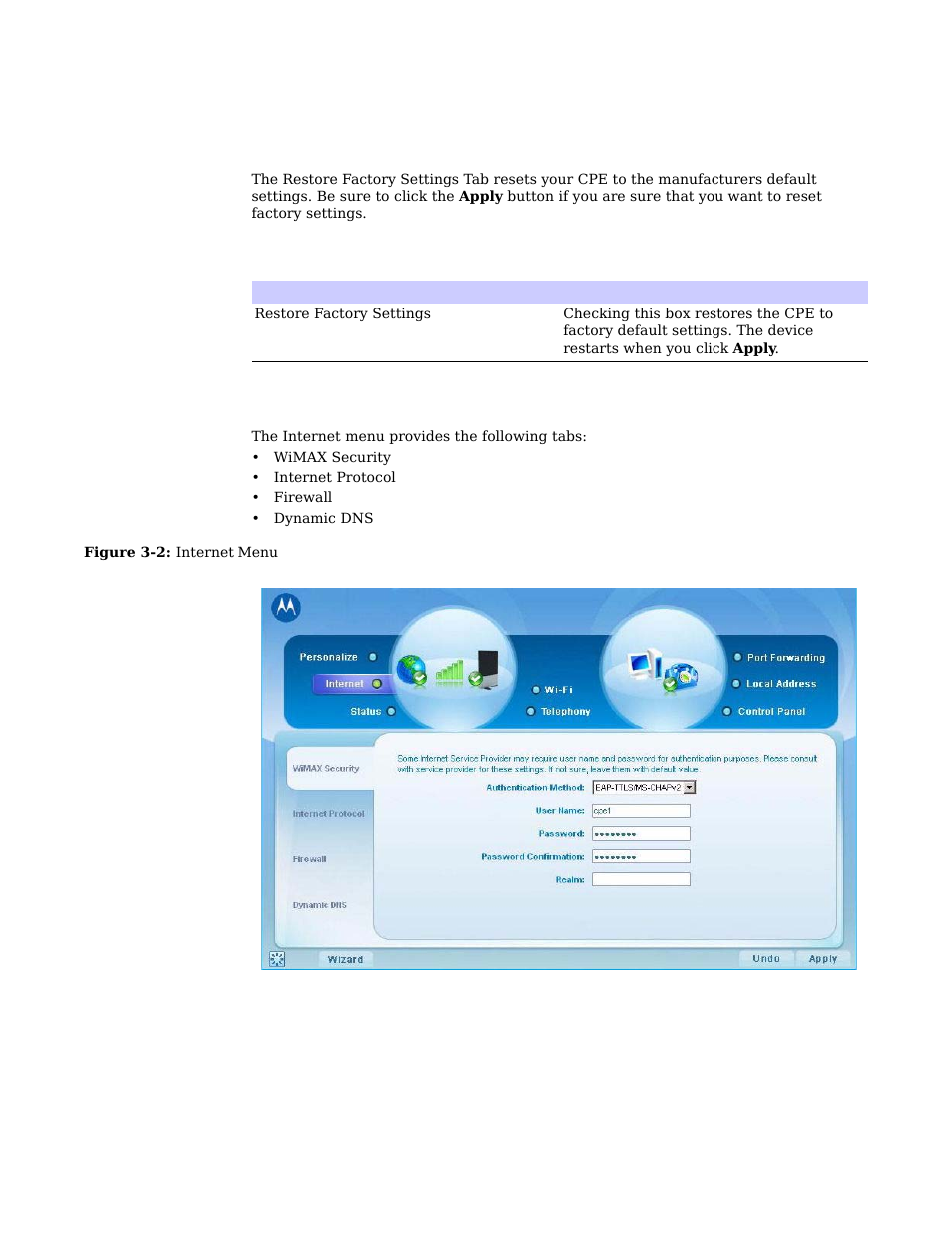 Restore factory settings tab -3 internet menu -3, Restore factory settings tab, Internet menu | Motorola CPEI 775 User Manual | Page 16 / 58