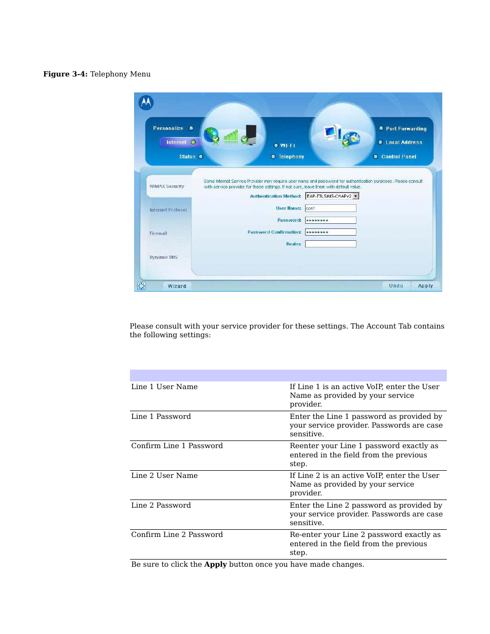 Account tab | Motorola CPEI 775 User Manual | Page 20 / 58