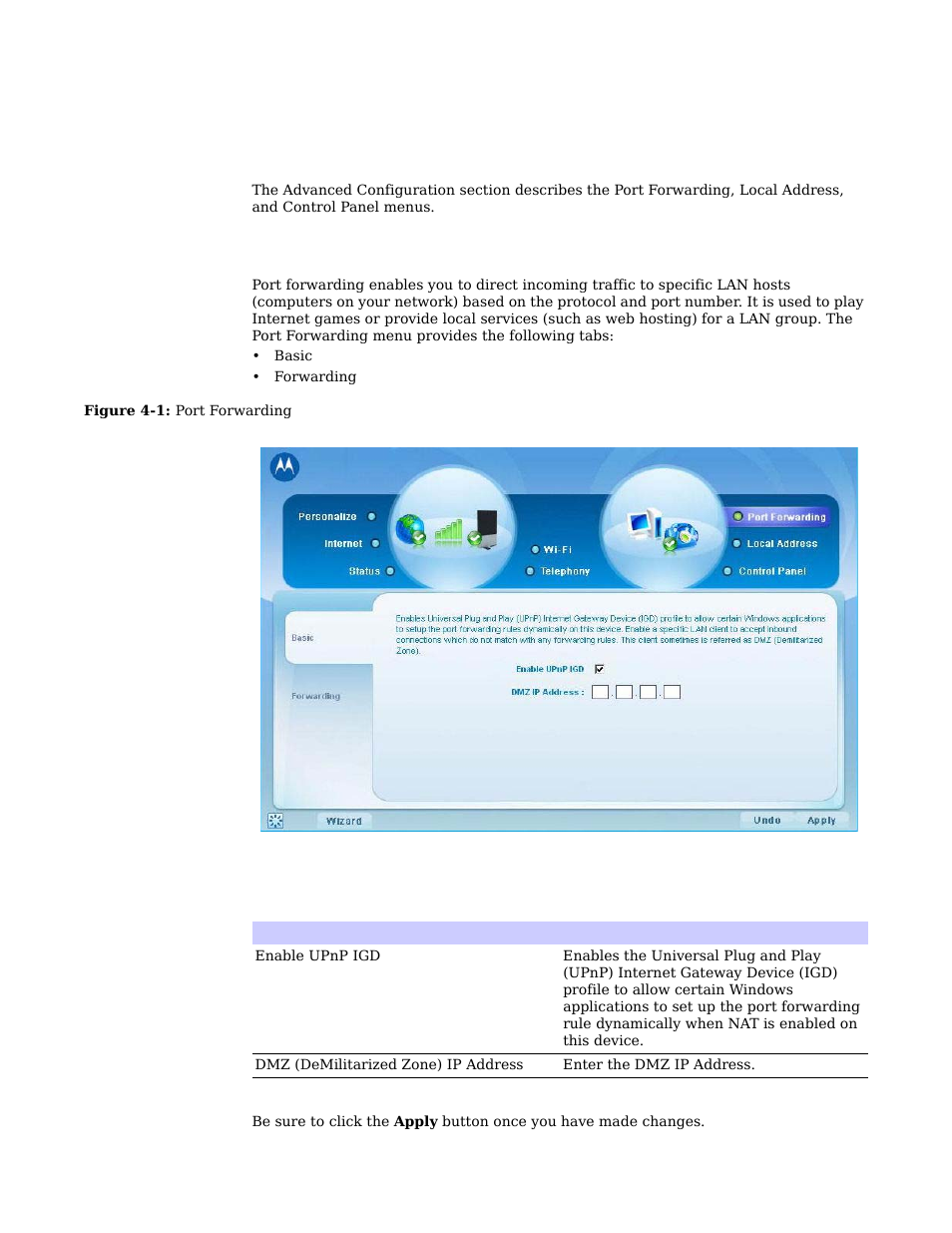 Chapter 4: advanced configuration, Port forwarding menu -1, Port forwarding menu | Motorola CPEI 775 User Manual | Page 30 / 58