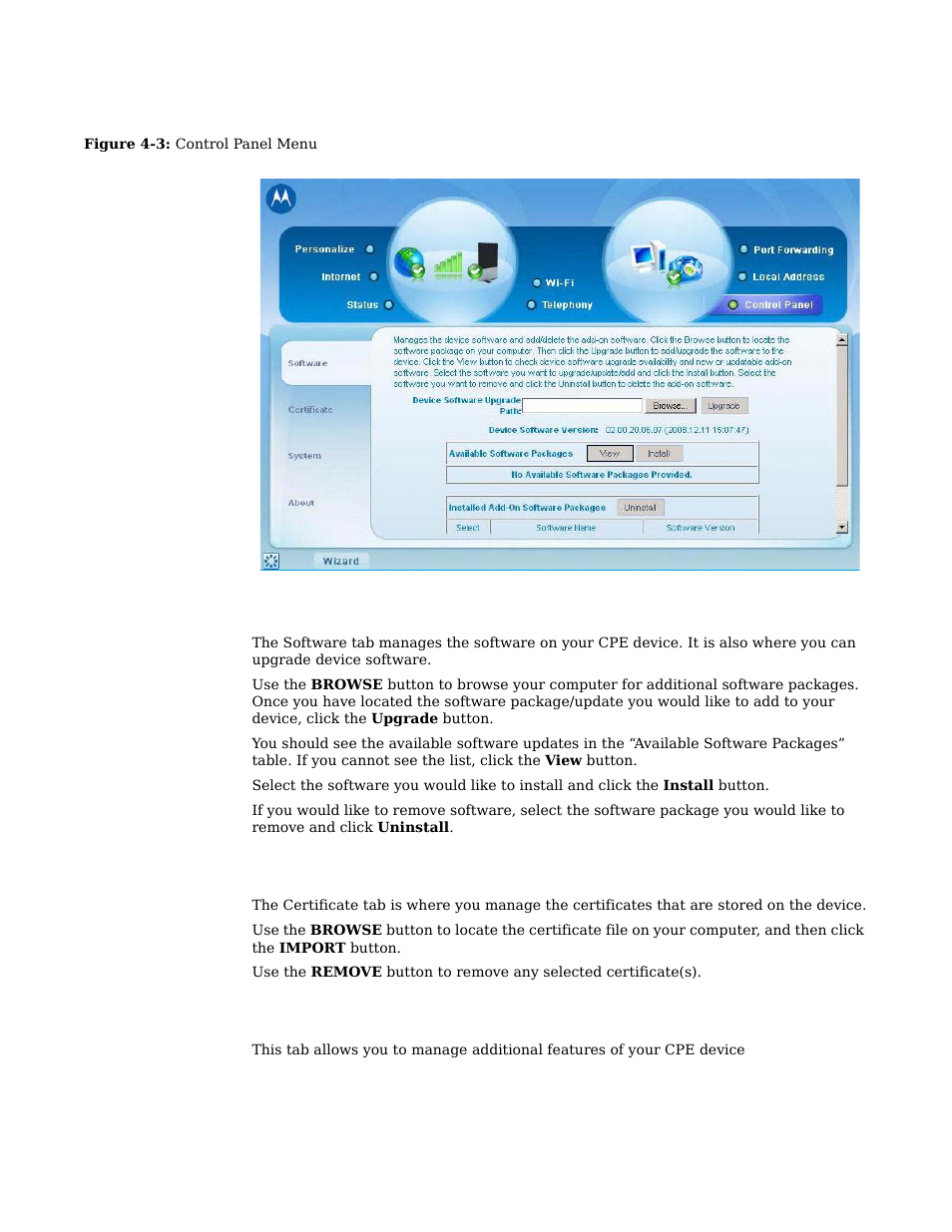 Software tab -6, Certificate tab -6 system tab -6, Software tab | Certificate tab, System tab | Motorola CPEI 775 User Manual | Page 35 / 58