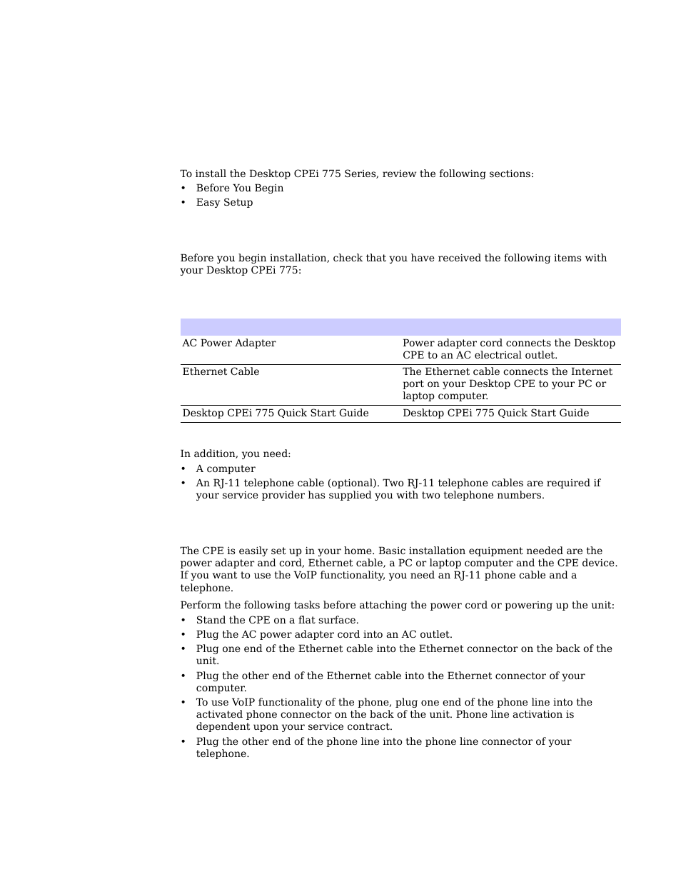 Chapter 2: installation, Overview -1 before you begin -1 easy setup -1, Overview | Before you begin, Easy setup | Motorola CPEI 775 User Manual | Page 8 / 58