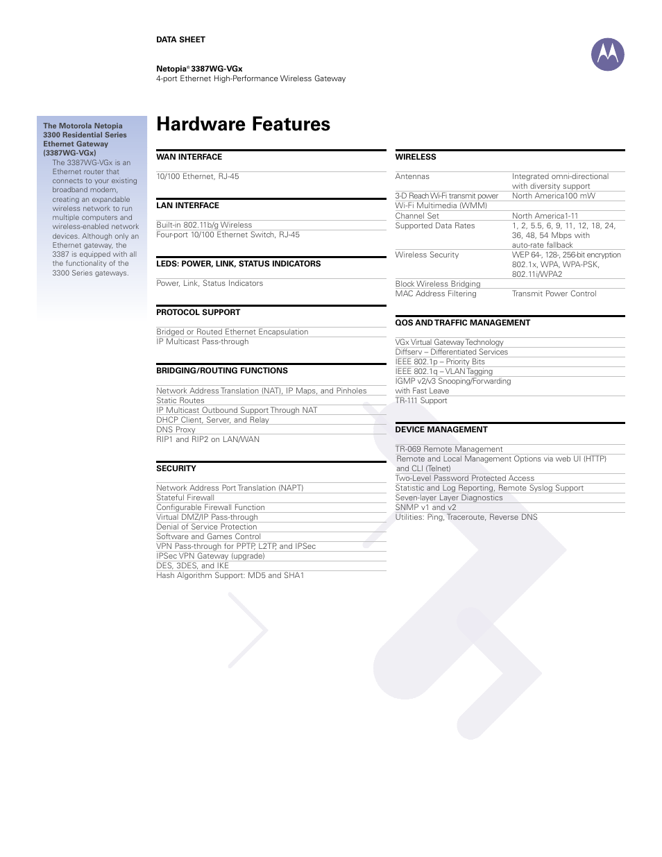 Hardware features | Motorola Netopia 3387WG-VGx User Manual | Page 2 / 3