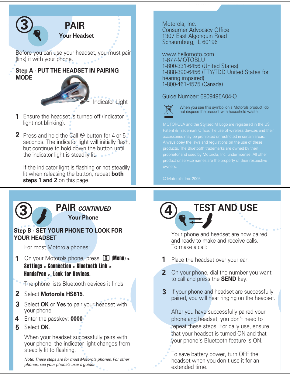 Pair, Test and use | Motorola MOTOSTART HS815 User Manual | Page 2 / 5