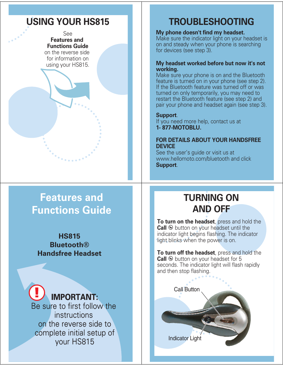 Features and functions guide, Using your hs815, Troubleshooting | Turning on and off | Motorola MOTOSTART HS815 User Manual | Page 3 / 5