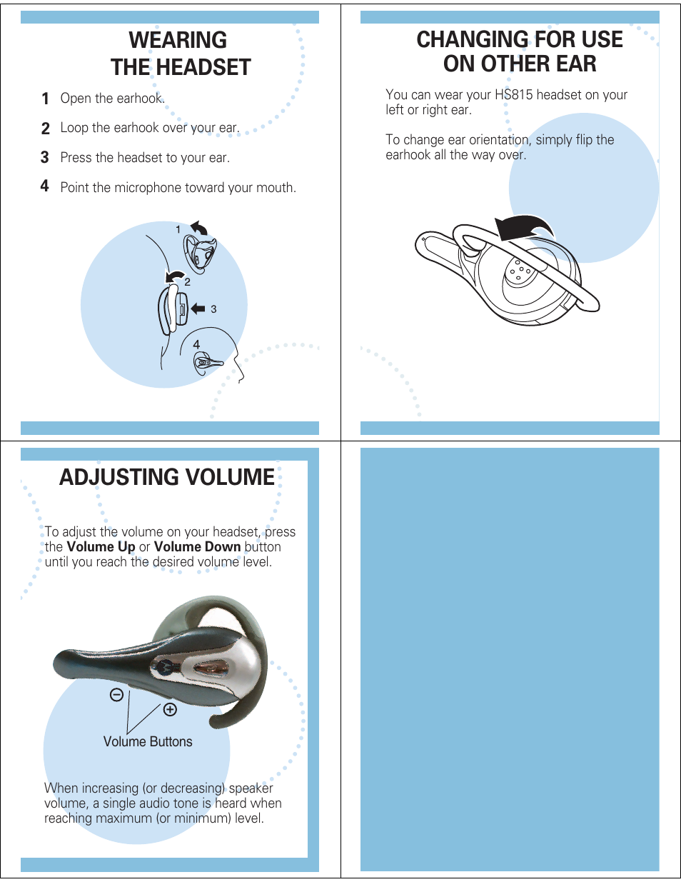 Wearing the headset, Changing for use on other ear, Adjusting volume | Motorola MOTOSTART HS815 User Manual | Page 4 / 5