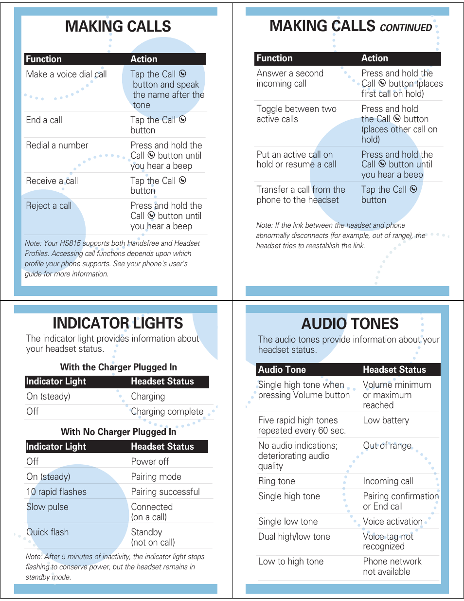 Making calls, Indicator lights, Audio tones | Motorola MOTOSTART HS815 User Manual | Page 5 / 5