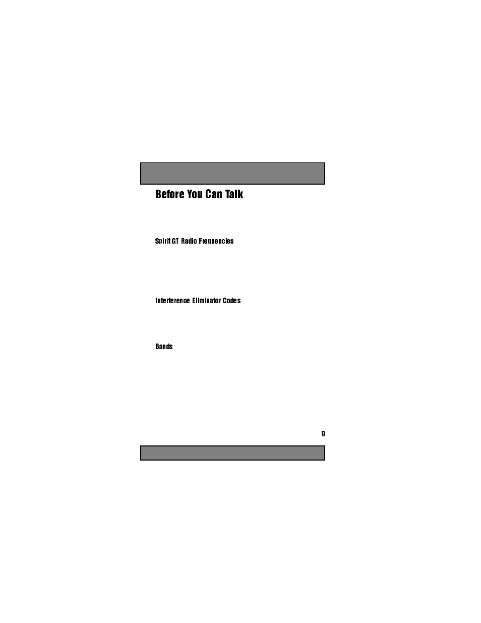 Before you can talk, Spirit gt radio frequencies, Interference eliminator codes | Bands | Motorola Spirit GT User Manual | Page 11 / 36