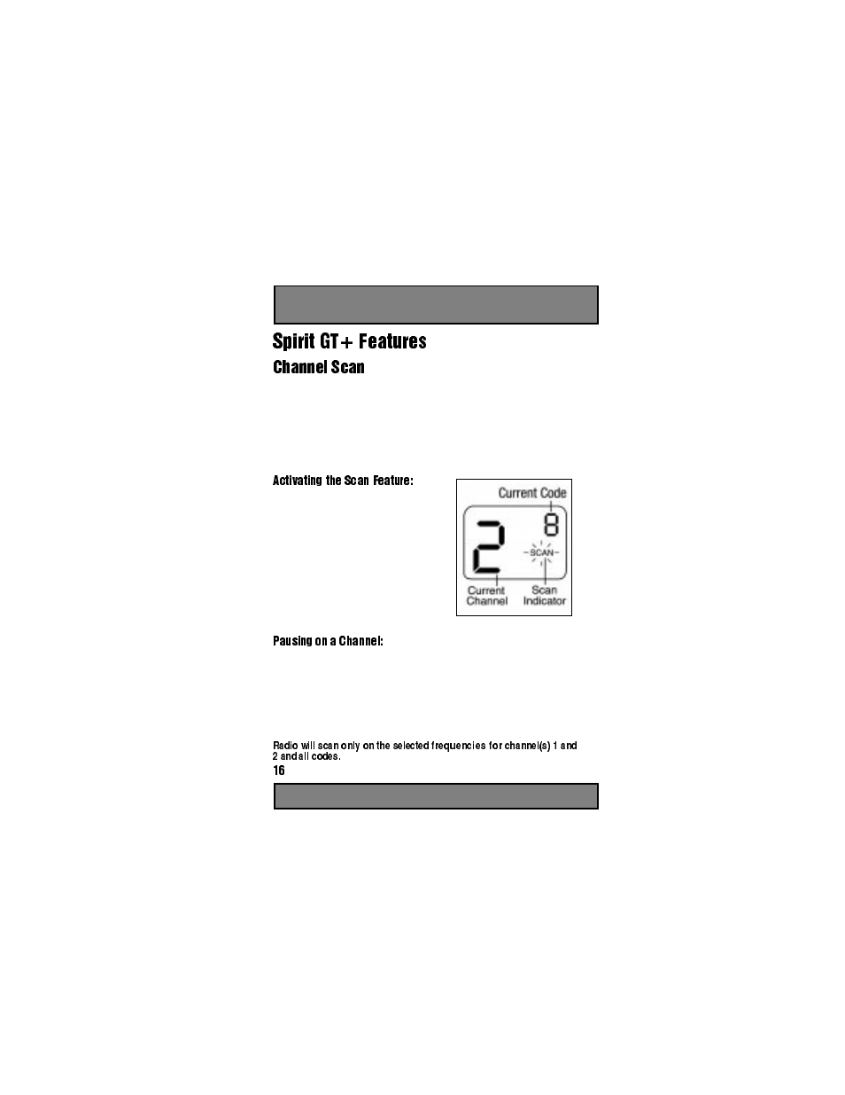 Figure 20, Spirit gt+ features, Channel scan - spirit gt+ only | Activating the scan feature, Pausing on a channel, To begin scanning again, press the monitor button, Kdqqho 6fdq | Motorola Spirit GT User Manual | Page 18 / 36