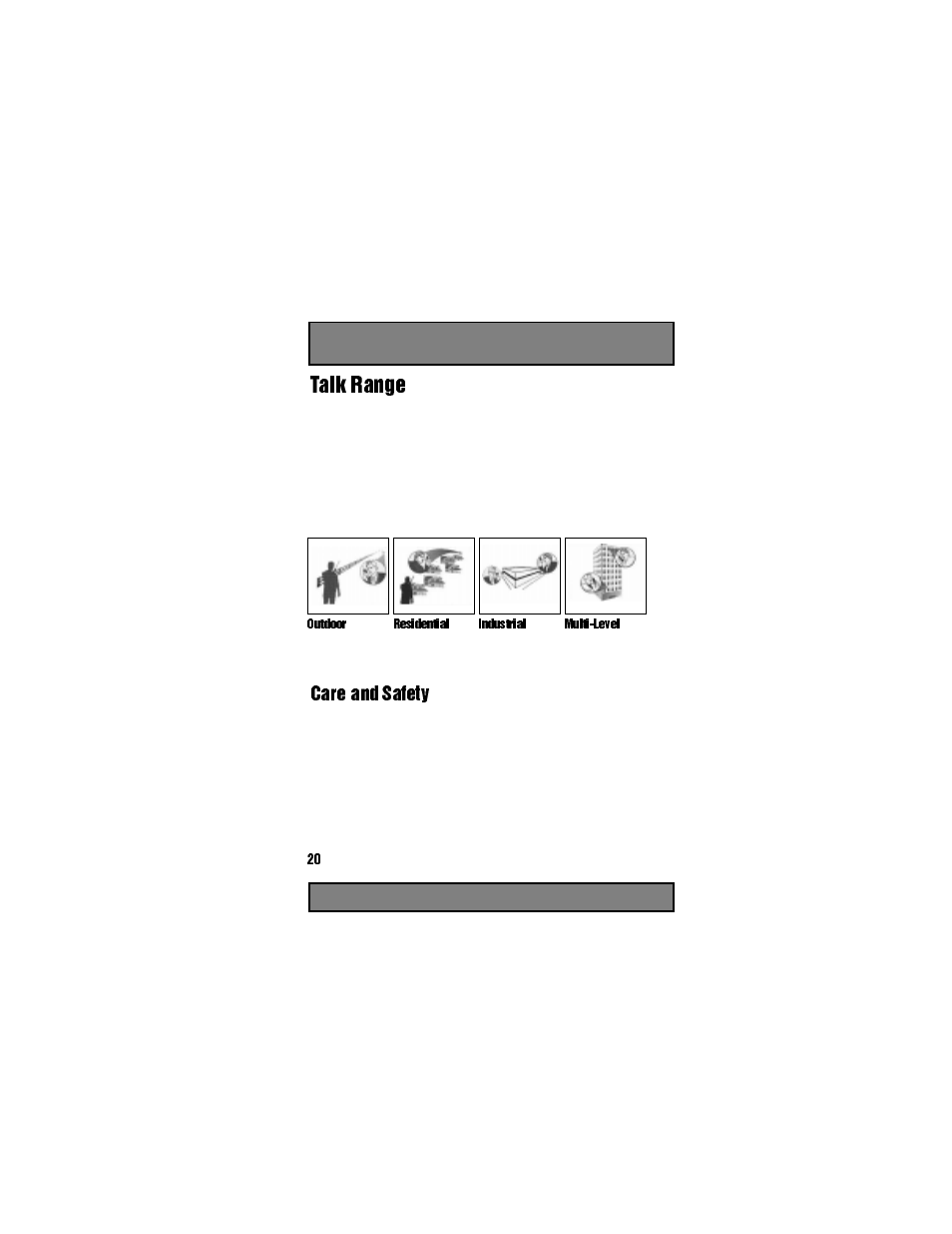 Outdoor, Flat ground with no obstructions, up to 4 miles, Residential | Around residential buildings, up to 1.5 miles, Industrial, Multi-level, Multi-level buildings, up to 15 floors, Talk range, Care and safety, 7don5dqjh | Motorola Spirit GT User Manual | Page 22 / 36