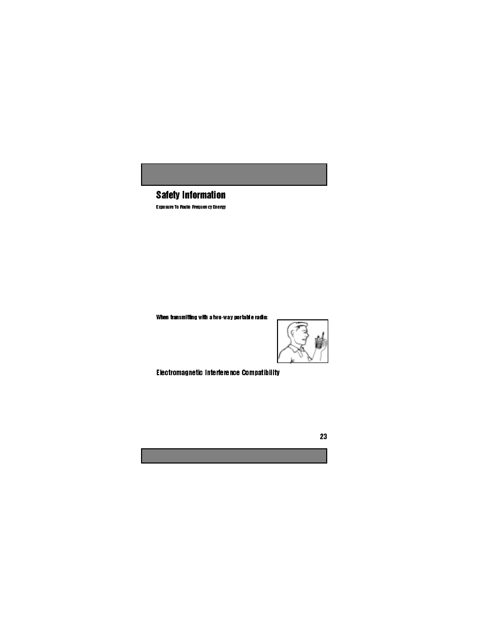 Exposure to radio frequency energy, Fcc report and order fcc 96-326 (august, 1996), When transmitting with a two-way portable radio | Electromagnetic interference compatibility, 6dihw\ ,qirupdwlrq | Motorola Spirit GT User Manual | Page 25 / 36