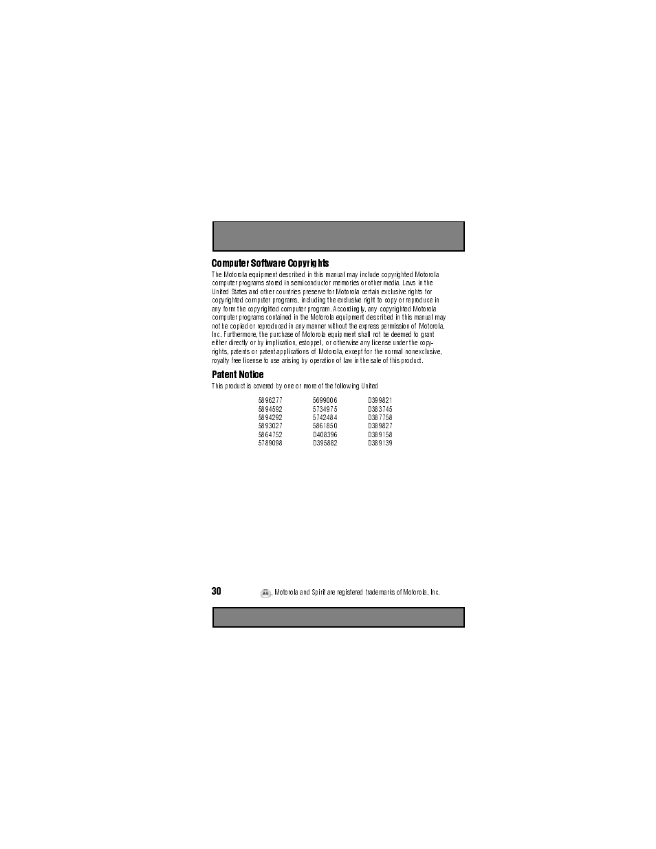 Computer software copyrights, Patent notice, States patents | Other patents pending | Motorola Spirit GT User Manual | Page 32 / 36