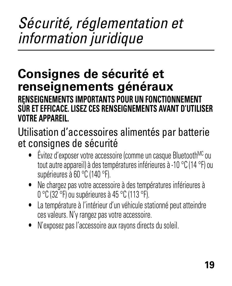 Sécurité, réglementation et information juridique, Consignes de sécurité, Consignes de sécurité et renseignements généraux | Motorola HK100 Headset HK100 User Manual | Page 103 / 128