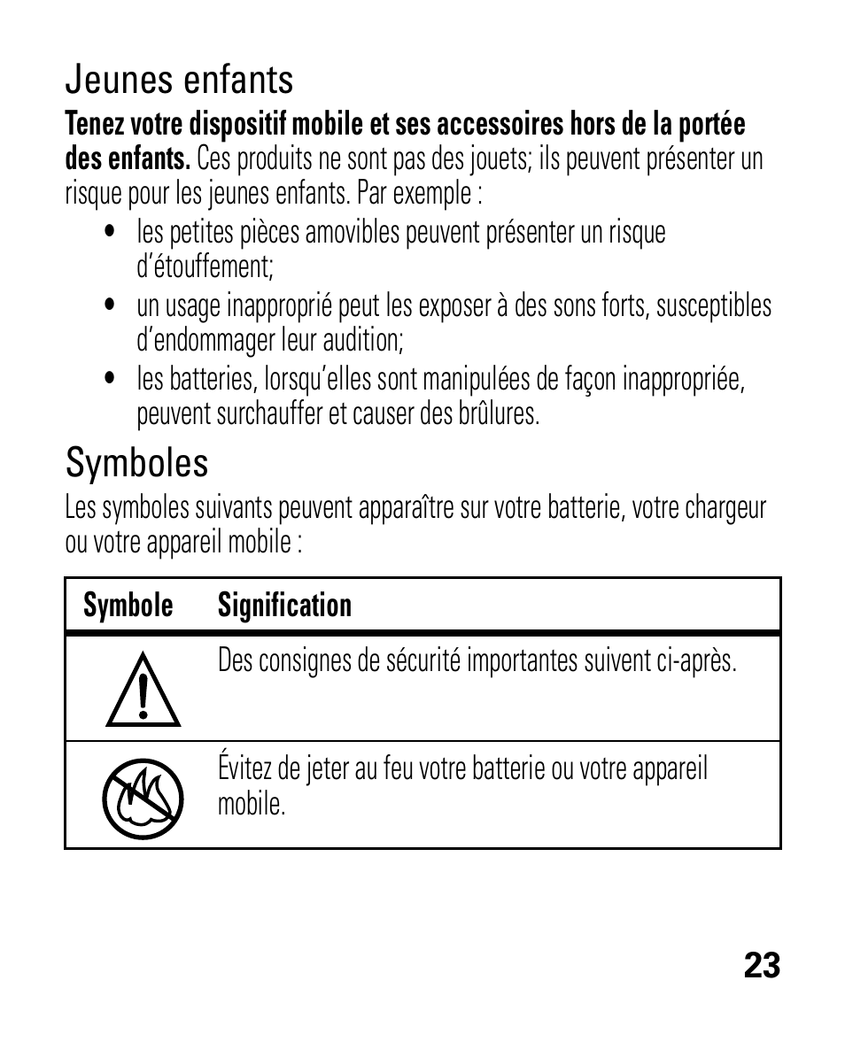 Jeunes enfants, Symboles | Motorola HK100 Headset HK100 User Manual | Page 107 / 128