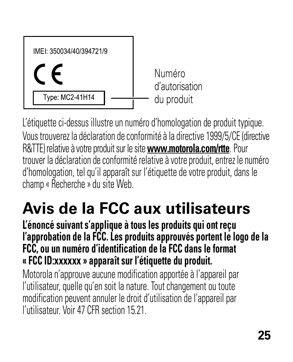 Avis de la fcc, Avis de la fcc aux utilisateurs | Motorola HK100 Headset HK100 User Manual | Page 109 / 128