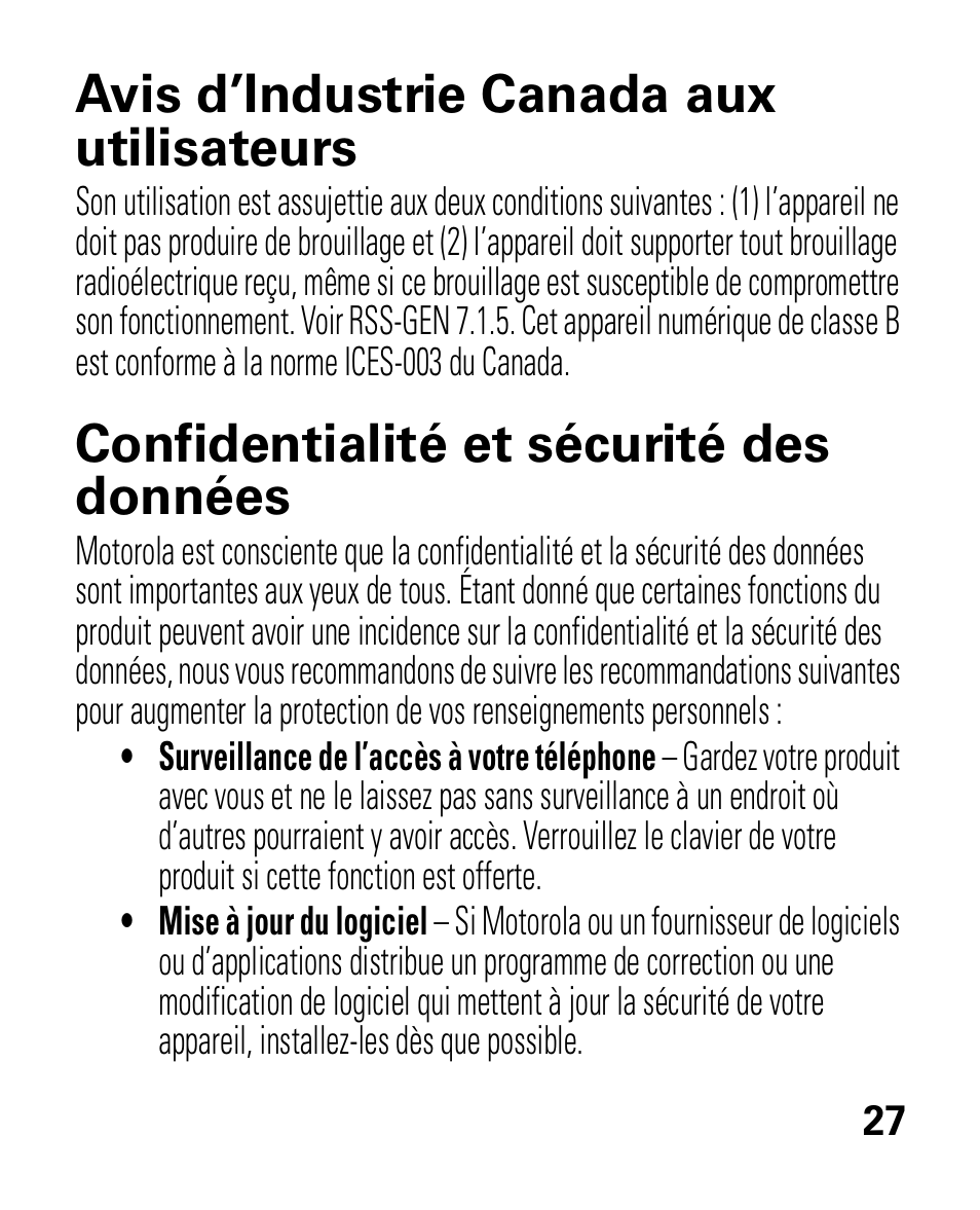 Avis d’industrie canada, Confidentialité et sécurité des données, Avis d’industrie canada aux utilisateurs | Motorola HK100 Headset HK100 User Manual | Page 111 / 128