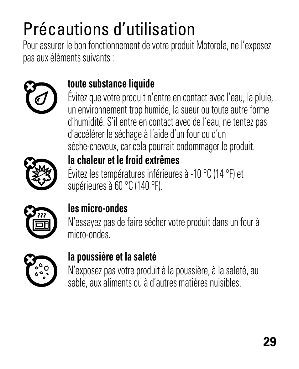 Précautions d’utilisation | Motorola HK100 Headset HK100 User Manual | Page 113 / 128