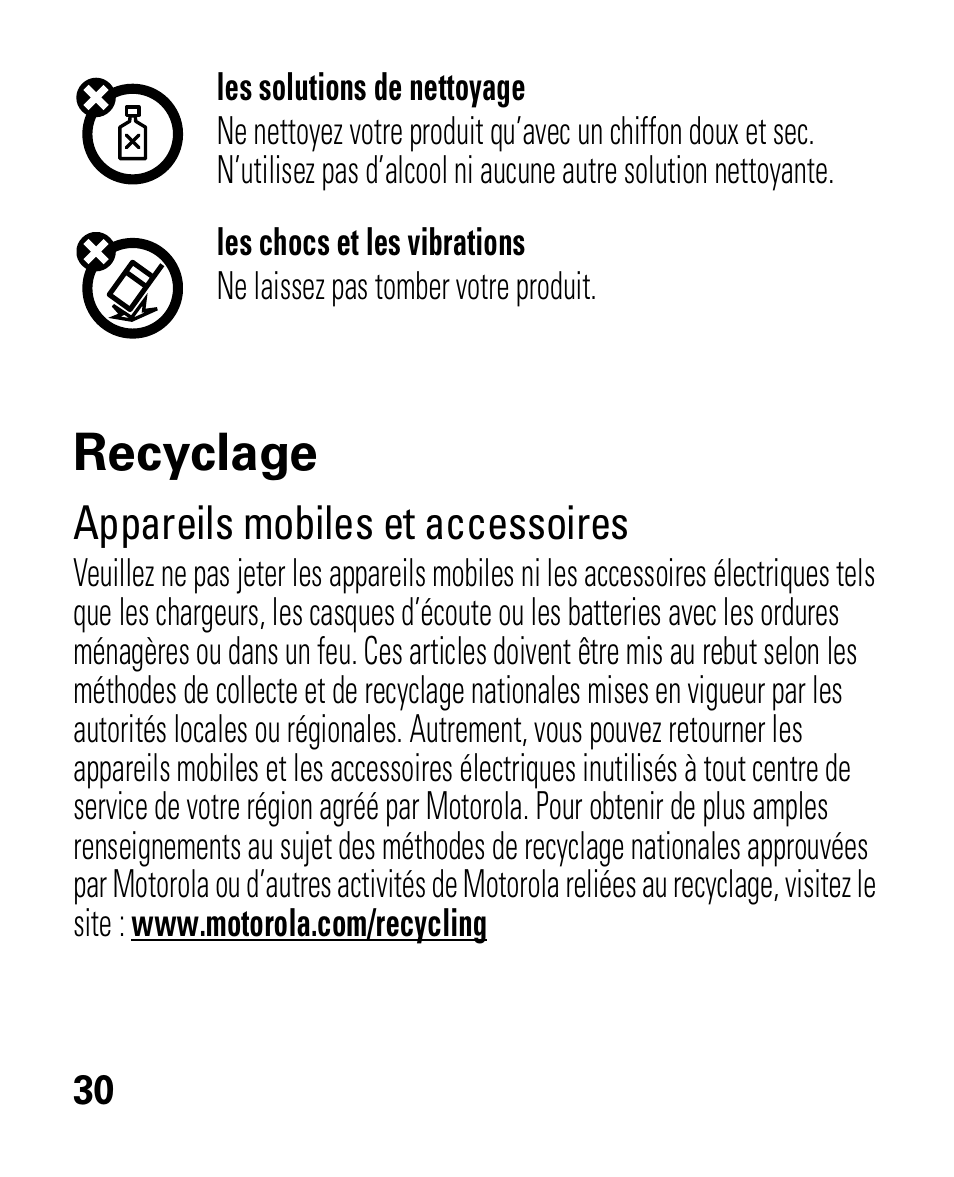 Recyclage, Appareils mobiles et accessoires | Motorola HK100 Headset HK100 User Manual | Page 114 / 128