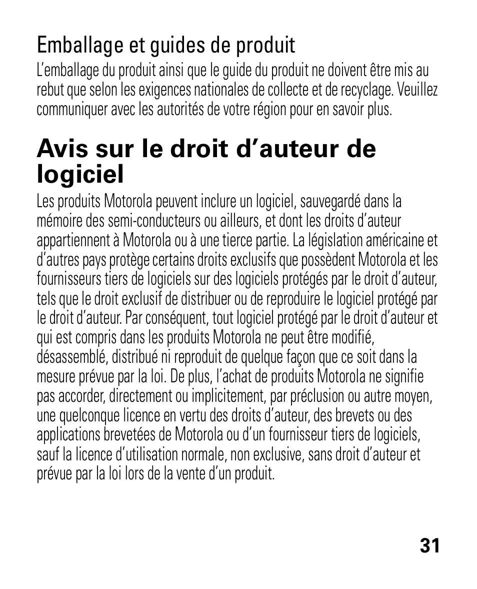 Avis sur le droit d’auteur de logiciel, Emballage et guides de produit | Motorola HK100 Headset HK100 User Manual | Page 115 / 128