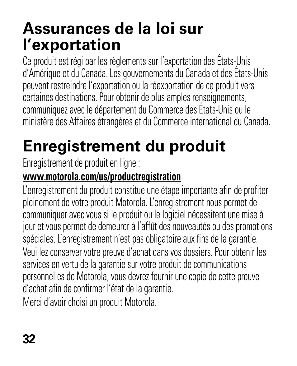 Loi sur l’exportation, Enregistrement, Assurances de la loi sur l’exportation | Enregistrement du produit | Motorola HK100 Headset HK100 User Manual | Page 116 / 128