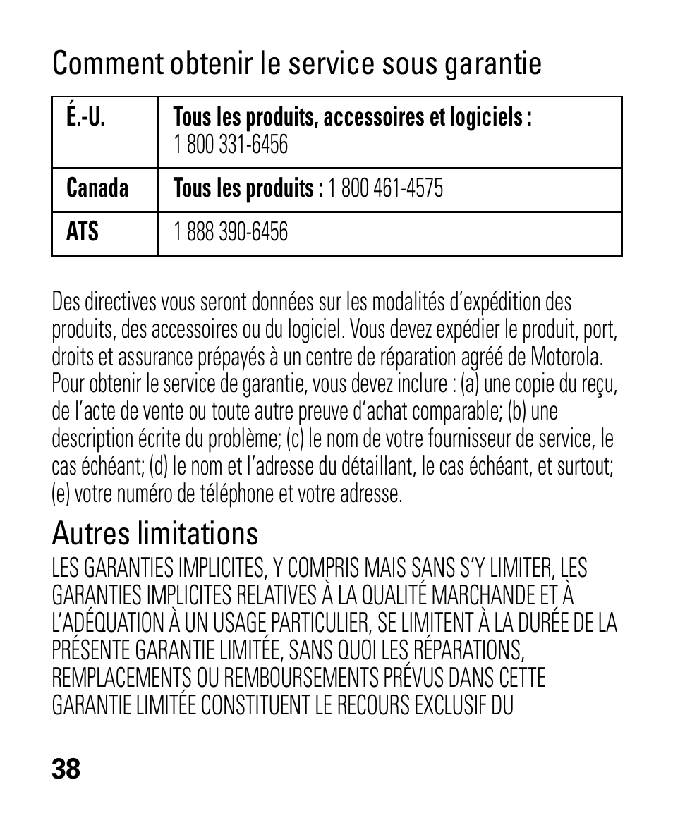 Comment obtenir le service sous garantie, Autres limitations | Motorola HK100 Headset HK100 User Manual | Page 122 / 128