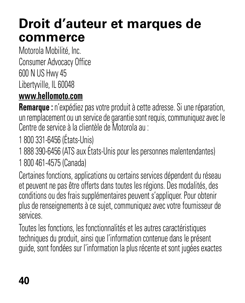 Droit d’auteur et marques de commerce | Motorola HK100 Headset HK100 User Manual | Page 124 / 128