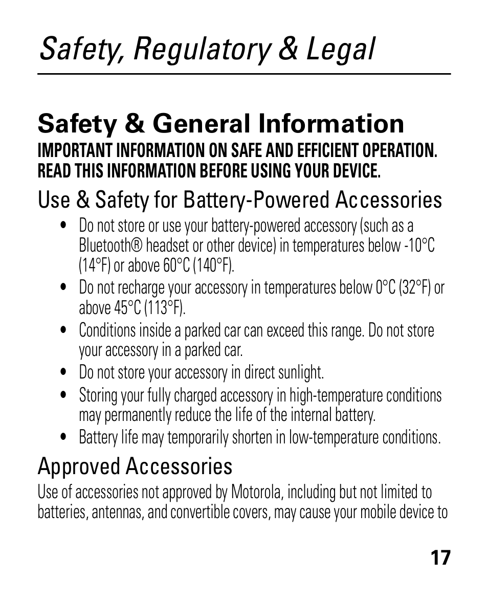 Safety, regulatory & legal, Safety information, Safety & general information | Use & safety for battery-powered accessories, Approved accessories | Motorola HK100 Headset HK100 User Manual | Page 19 / 128