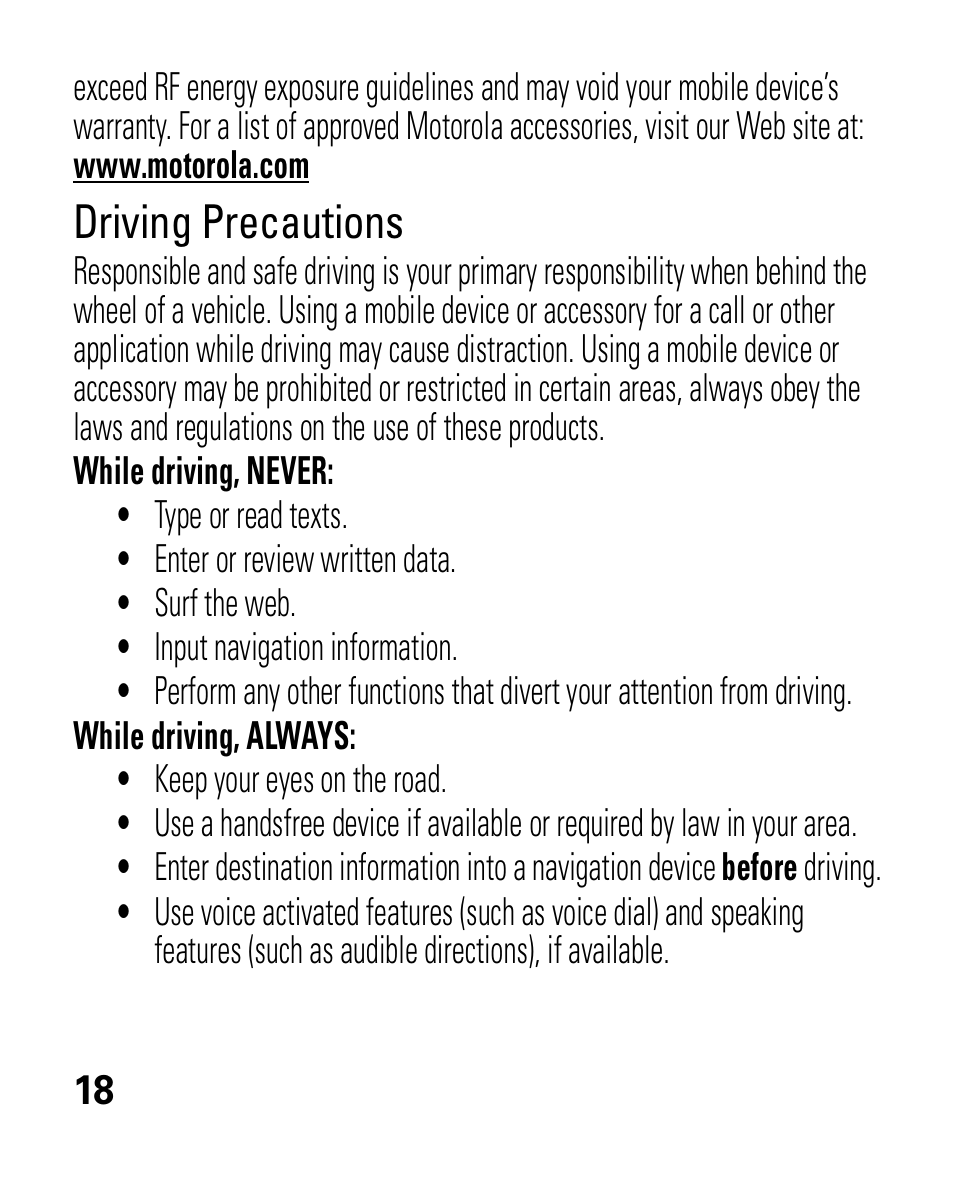 Driving precautions | Motorola HK100 Headset HK100 User Manual | Page 20 / 128