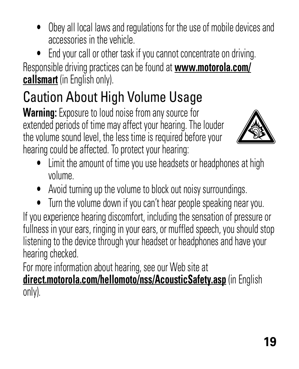 Caution about high volume usage | Motorola HK100 Headset HK100 User Manual | Page 21 / 128