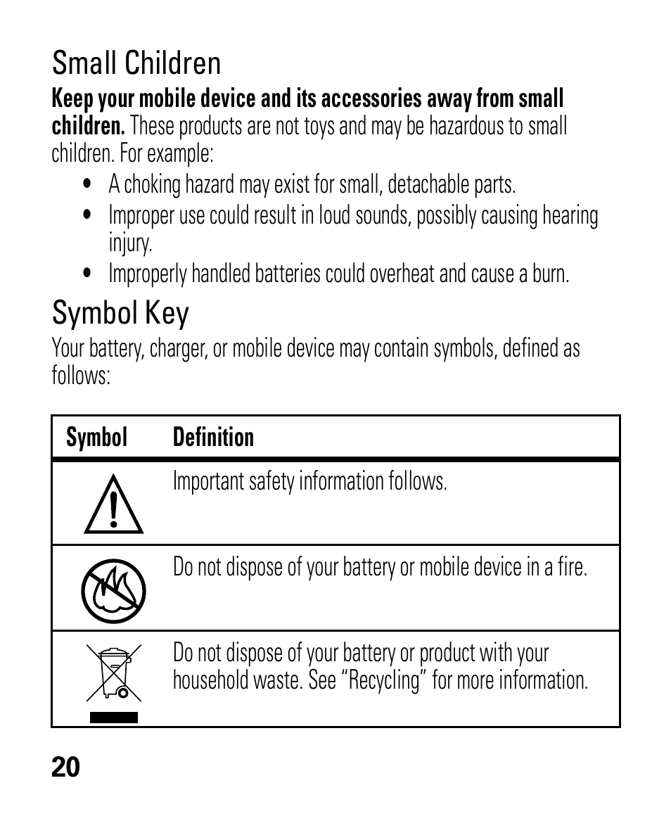 Small children, Symbol key | Motorola HK100 Headset HK100 User Manual | Page 22 / 128