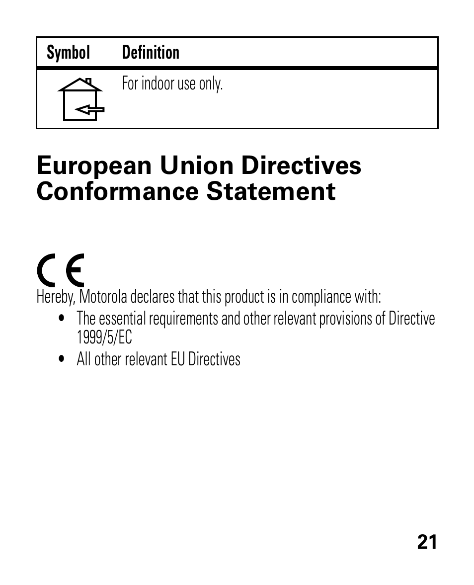 Eu conformance, European union directives conformance statement | Motorola HK100 Headset HK100 User Manual | Page 23 / 128