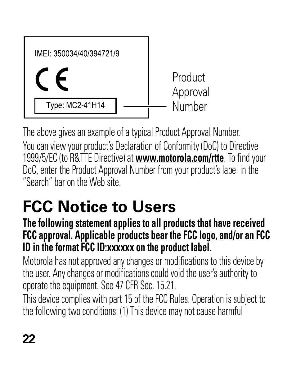 Fcc notice, Fcc notice to users | Motorola HK100 Headset HK100 User Manual | Page 24 / 128