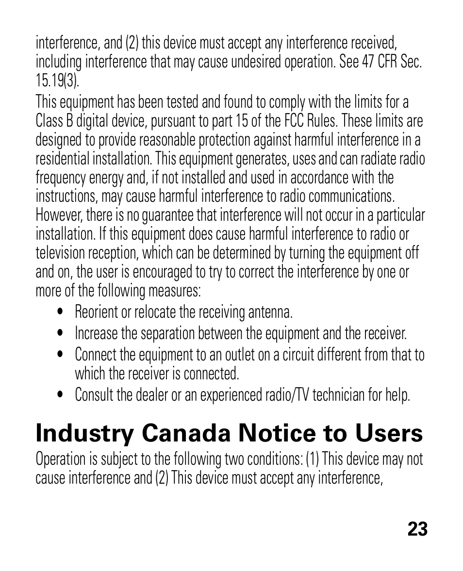 Industry canada notice, Industry canada notice to users | Motorola HK100 Headset HK100 User Manual | Page 25 / 128