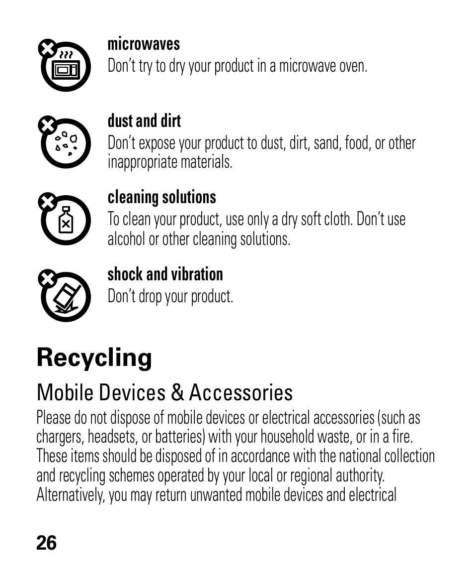 Recycling, Mobile devices & accessories | Motorola HK100 Headset HK100 User Manual | Page 28 / 128