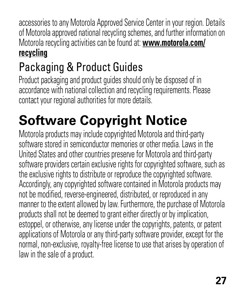 Software copyright notice, Packaging & product guides | Motorola HK100 Headset HK100 User Manual | Page 29 / 128