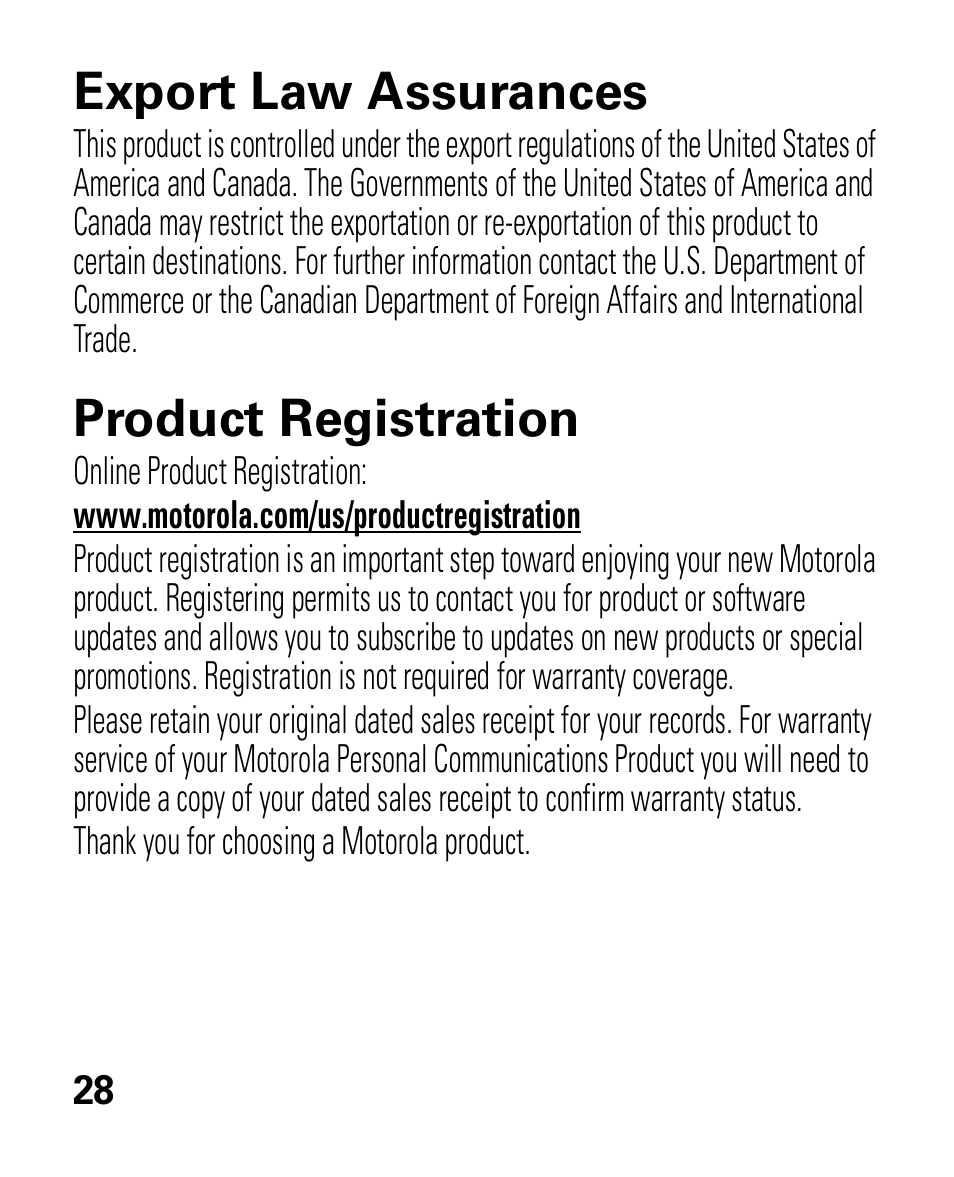 Export law, Registration, Export law assurances | Product registration | Motorola HK100 Headset HK100 User Manual | Page 30 / 128