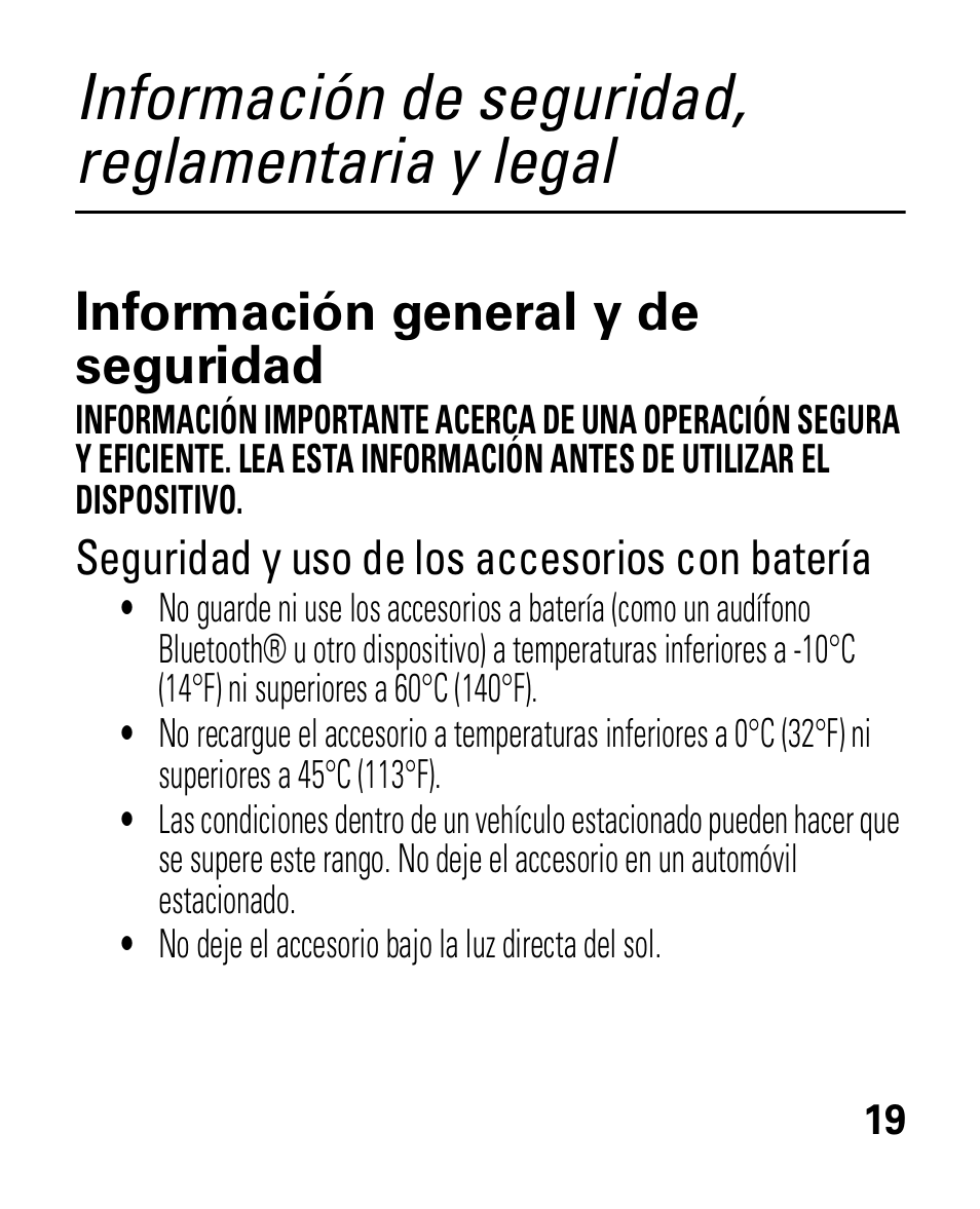 Información de seguridad, reglamentaria y legal, Información de seguridad, Información general y de seguridad | Seguridad y uso de los accesorios con batería | Motorola HK100 Headset HK100 User Manual | Page 61 / 128