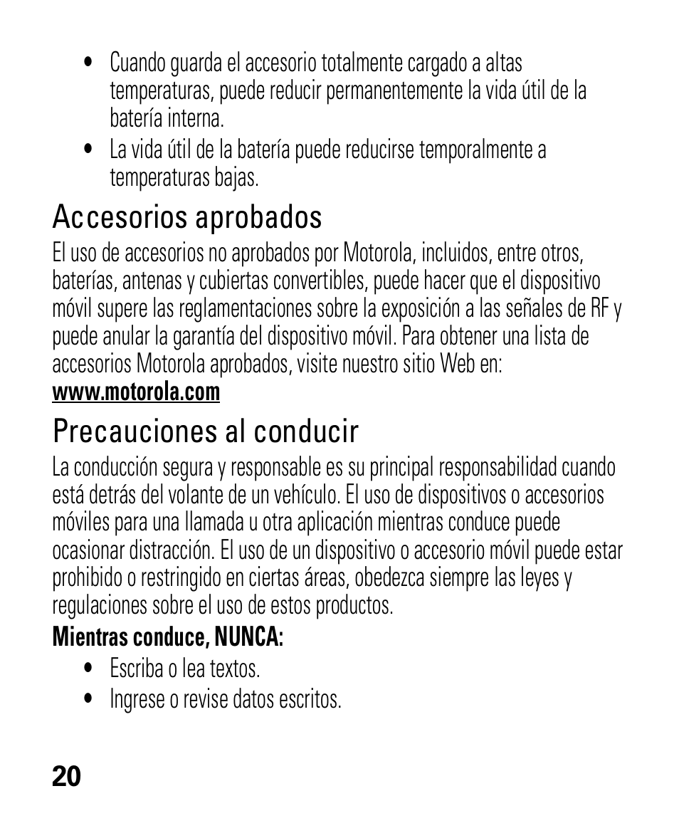 Accesorios aprobados, Precauciones al conducir | Motorola HK100 Headset HK100 User Manual | Page 62 / 128