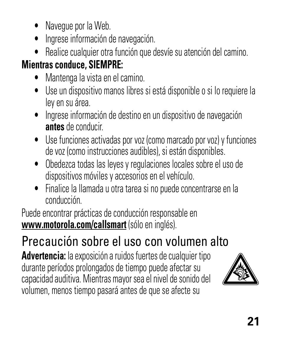 Precaución sobre el uso con volumen alto | Motorola HK100 Headset HK100 User Manual | Page 63 / 128