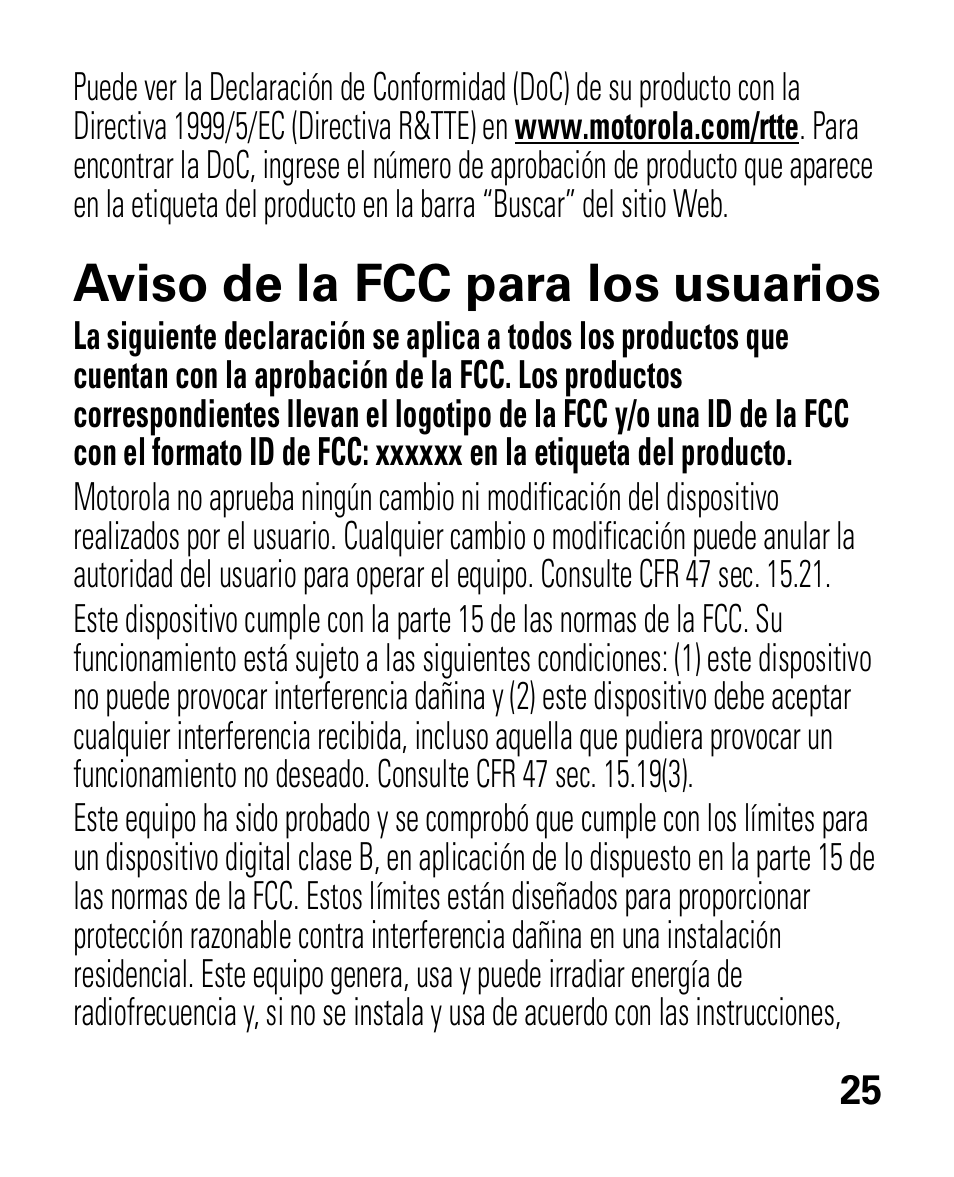 Aviso de la fcc, Aviso de la fcc para los usuarios | Motorola HK100 Headset HK100 User Manual | Page 67 / 128