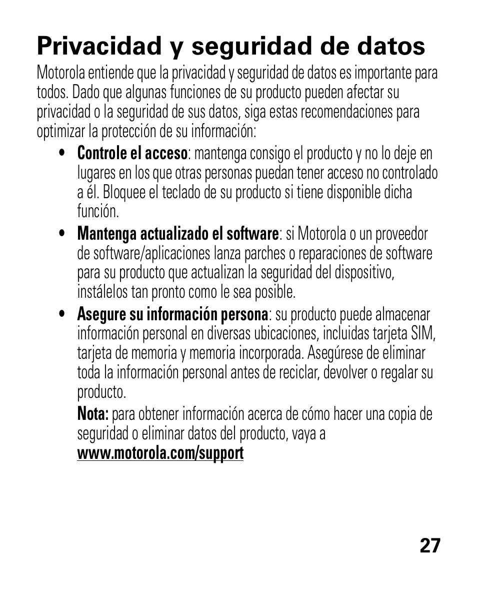 Privacidad y seguridad de datos | Motorola HK100 Headset HK100 User Manual | Page 69 / 128