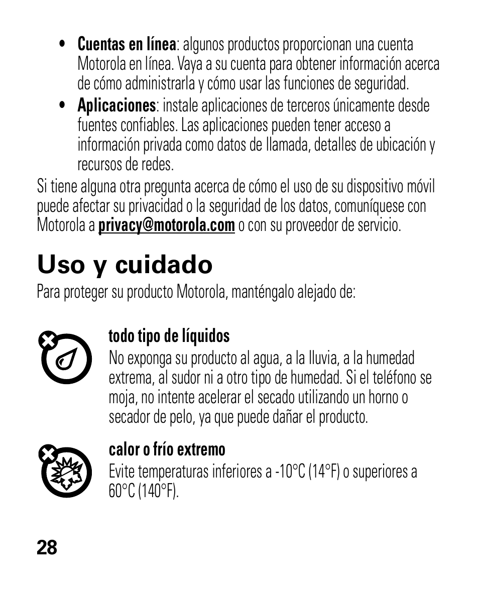 Uso y cuidado | Motorola HK100 Headset HK100 User Manual | Page 70 / 128