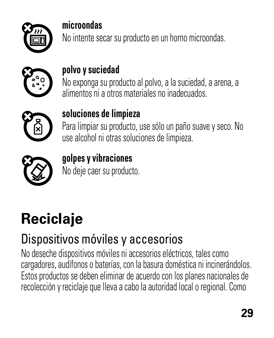 Reciclaje, Dispositivos móviles y accesorios | Motorola HK100 Headset HK100 User Manual | Page 71 / 128