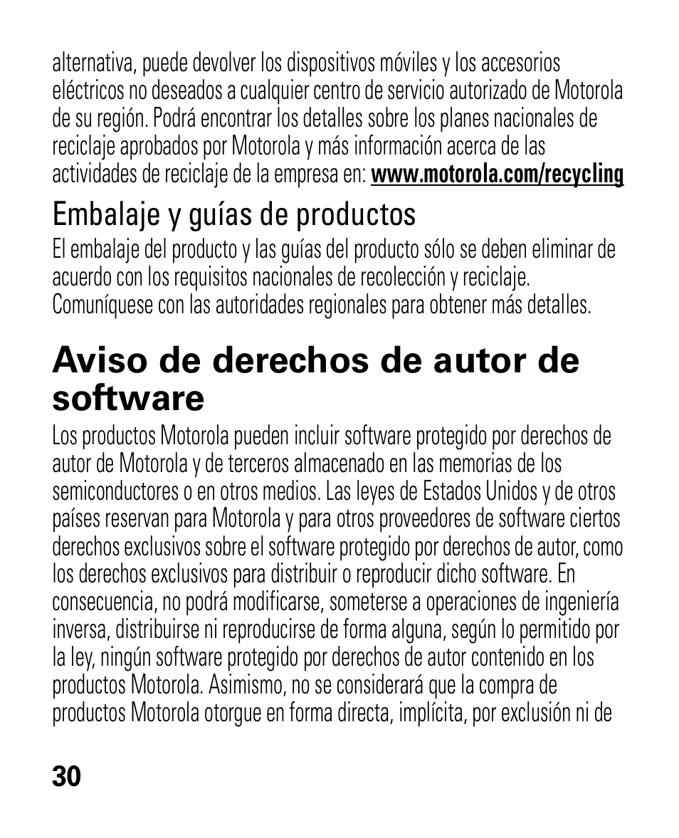 Aviso de derechos de autor de software, Embalaje y guías de productos | Motorola HK100 Headset HK100 User Manual | Page 72 / 128