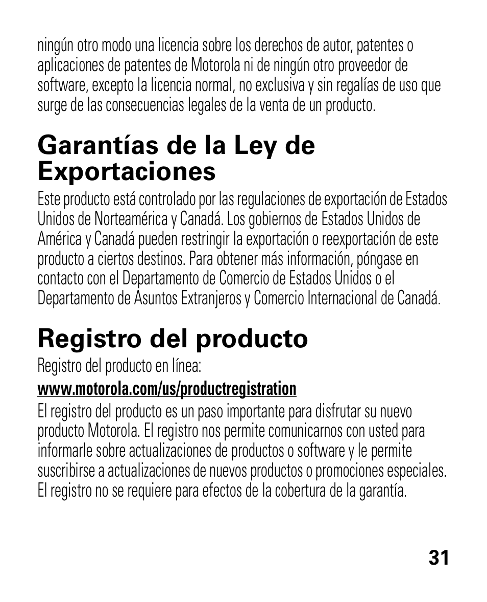 Ley de exportaciones, Registro, Garantías de la ley de exportaciones | Registro del producto | Motorola HK100 Headset HK100 User Manual | Page 73 / 128