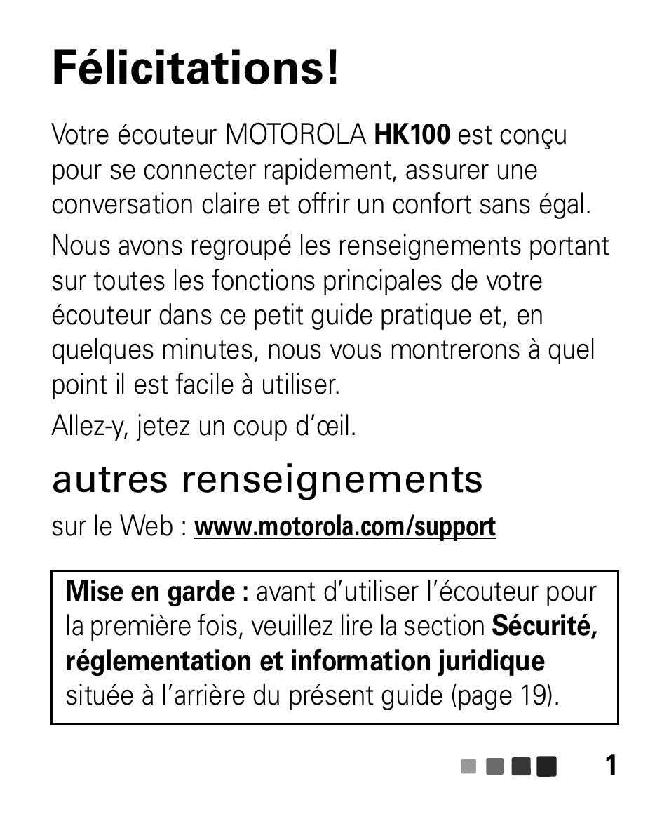 Autres renseignements, Félicitations | Motorola HK100 Headset HK100 User Manual | Page 85 / 128